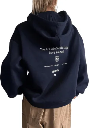 Floerns Women's Letter Print Long Sleeve Loose Fit Hooded Drawstring Crewneck Pullover Hoodie Sweatshirt