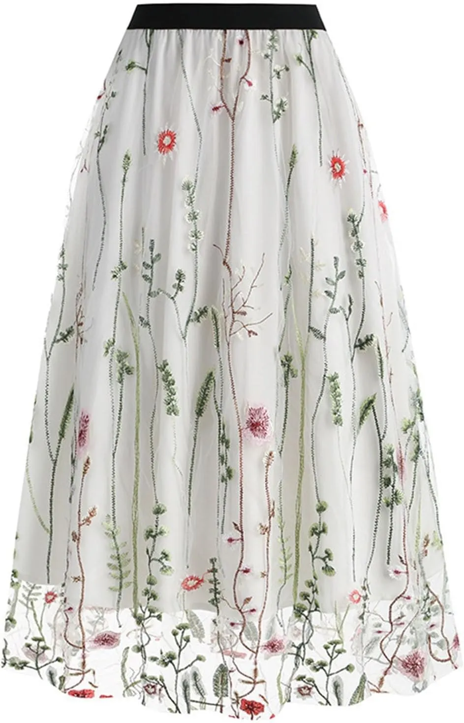 Floral Skirts for Women Boho A-Line Elastic High Waisted Ruffle Mesh Double Layed Skirts Causal Comfy Skirts