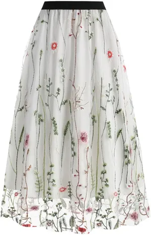 Floral Skirts for Women Boho A-Line Elastic High Waisted Ruffle Mesh Double Layed Skirts Causal Comfy Skirts