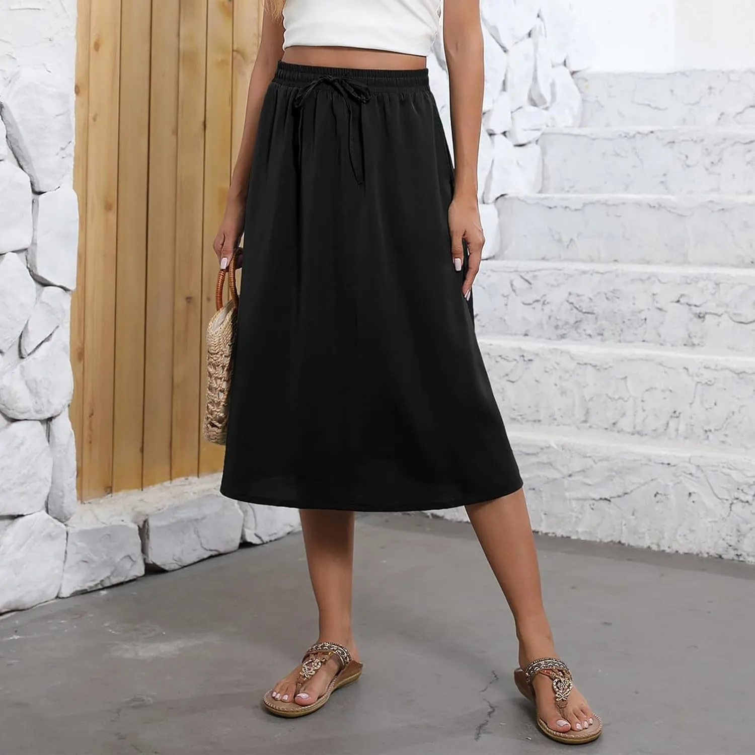 Floral Skirts for Women Midi Length Vintage Drawstring High Waisted A Line Skirt Flowy Boho Midi Skirt with Pockets