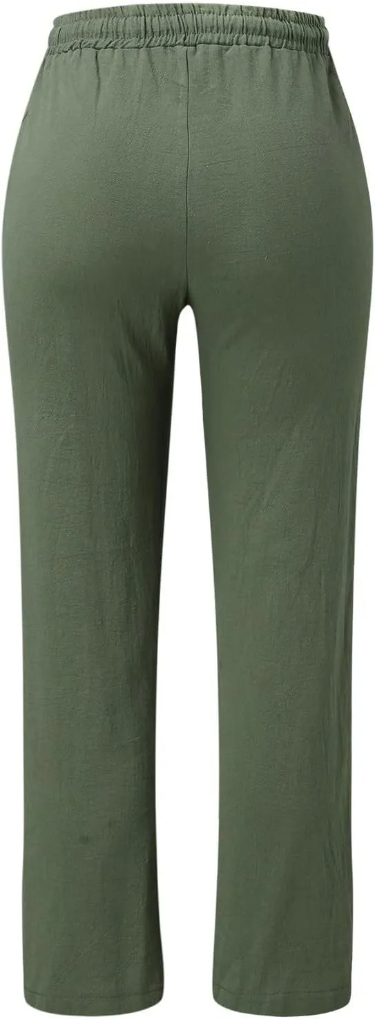 Flowy Pants for Women Elastic Waist Lightweight Wide Leg Trousers Linen Blend Casual Summer Beachwear