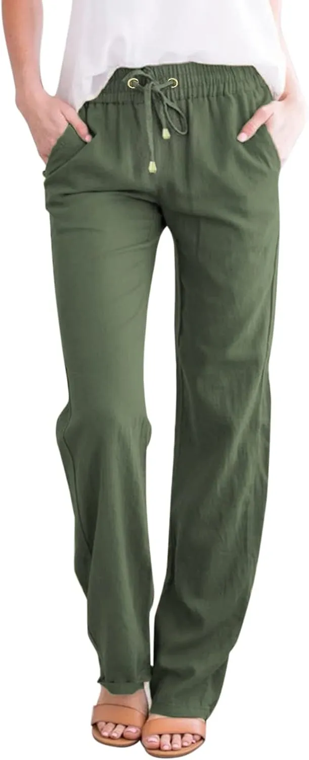 Flowy Pants for Women Elastic Waist Lightweight Wide Leg Trousers Linen Blend Casual Summer Beachwear