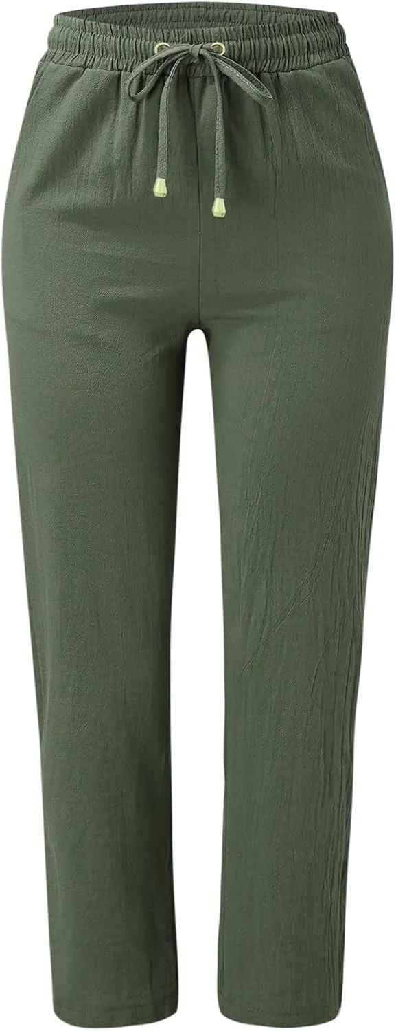 Flowy Pants for Women Elastic Waist Lightweight Wide Leg Trousers Linen Blend Casual Summer Beachwear
