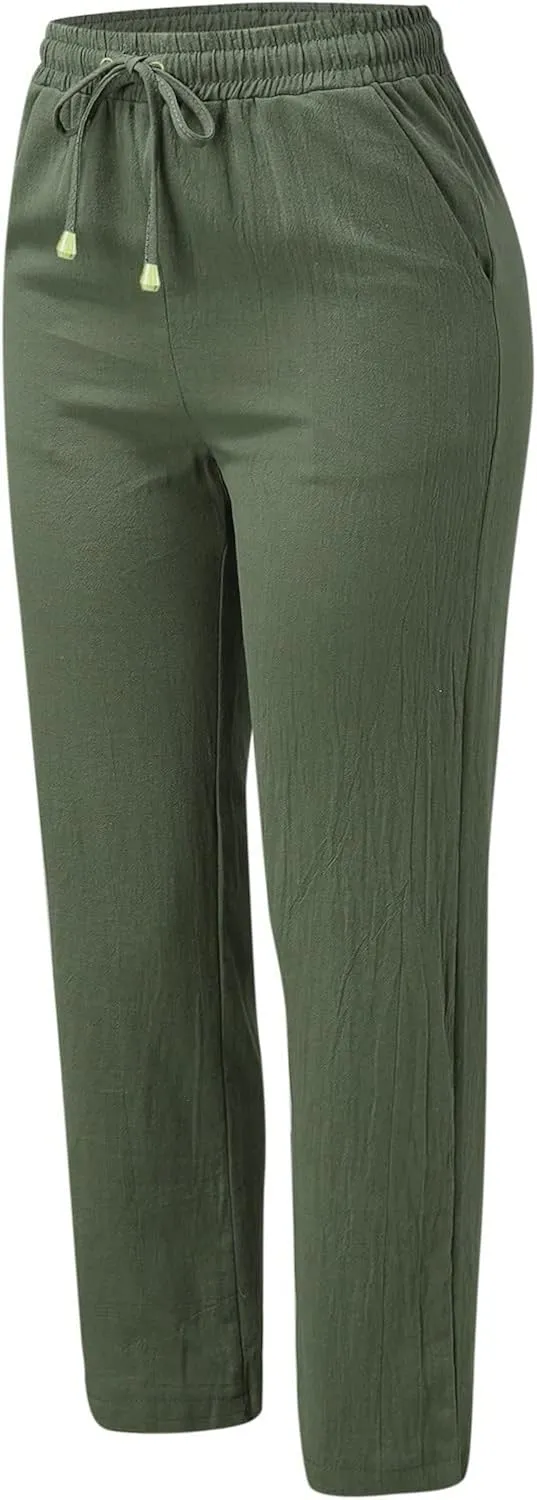 Flowy Pants for Women Elastic Waist Lightweight Wide Leg Trousers Linen Blend Casual Summer Beachwear