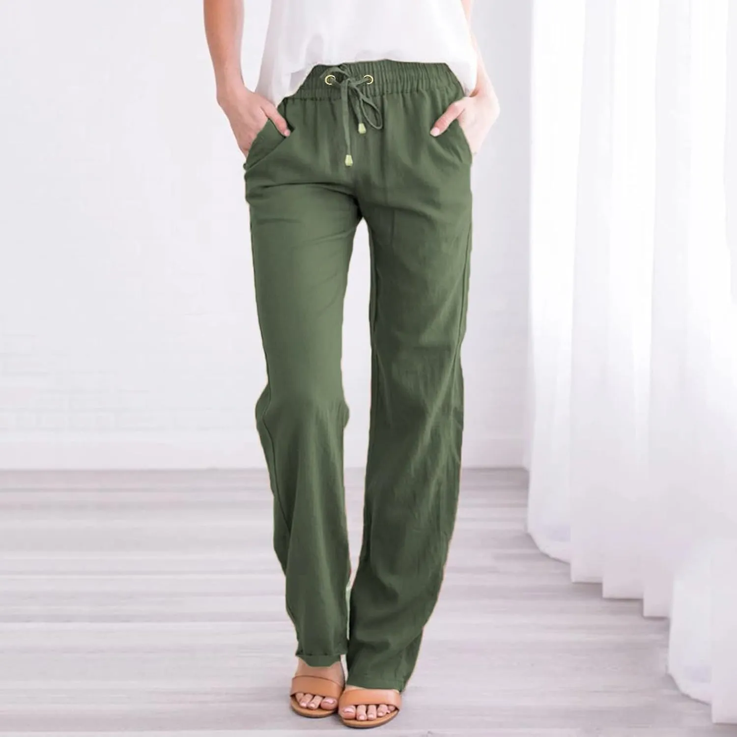 Flowy Pants for Women Elastic Waist Lightweight Wide Leg Trousers Linen Blend Casual Summer Beachwear