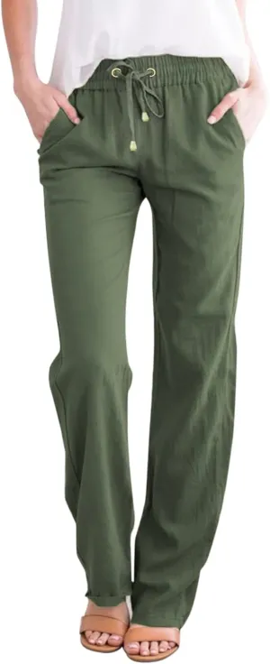 Flowy Pants for Women Elastic Waist Lightweight Wide Leg Trousers Linen Blend Casual Summer Beachwear