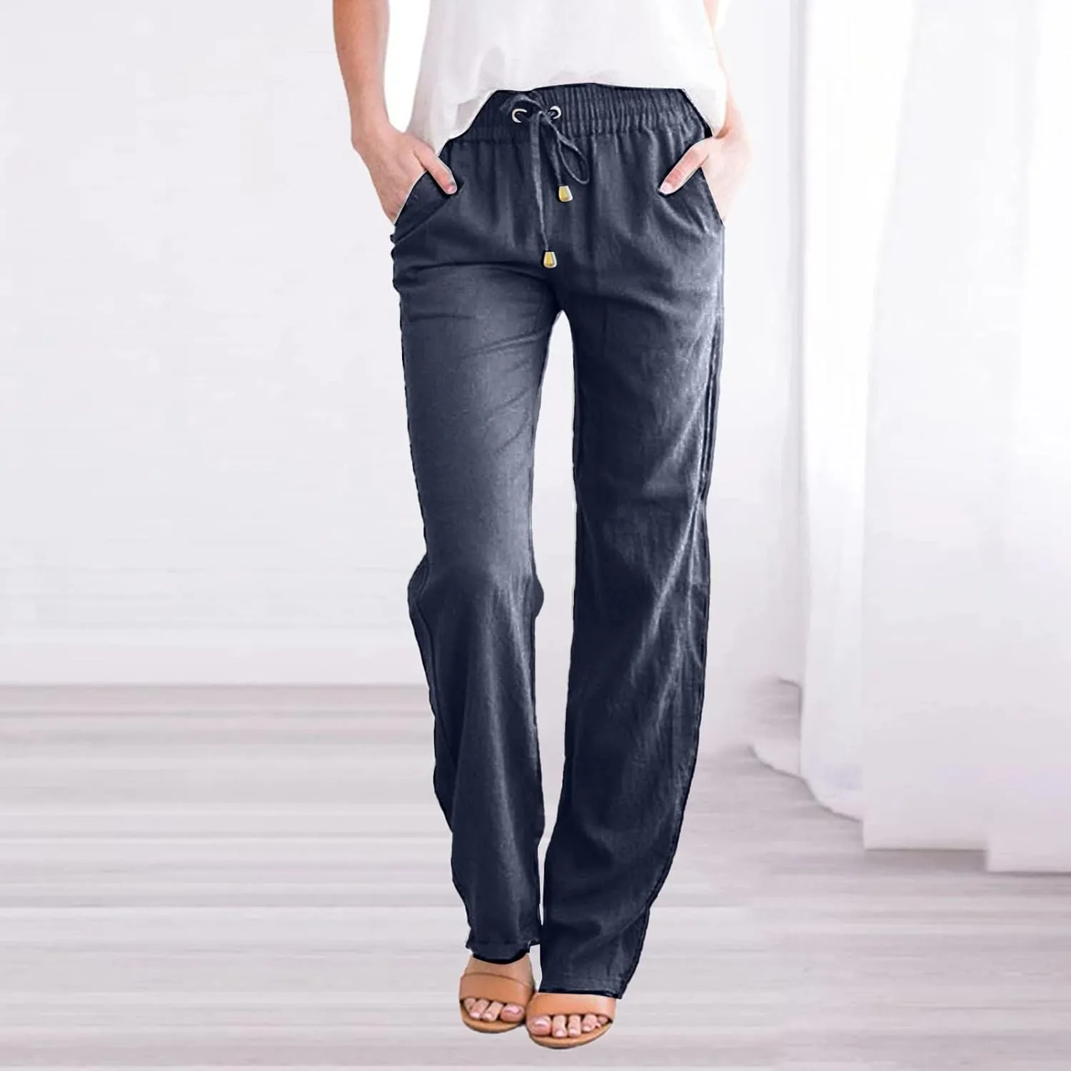 Flowy Pants for Women Elastic Waist Wide Leg Trousers Lightweight Linen Blend Casual Summer Beachwear