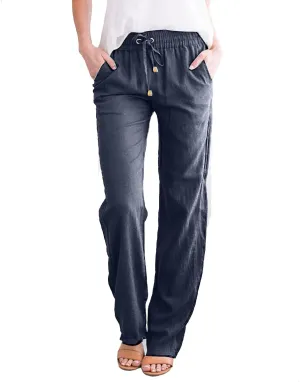 Flowy Pants for Women Elastic Waist Wide Leg Trousers Lightweight Linen Blend Casual Summer Beachwear