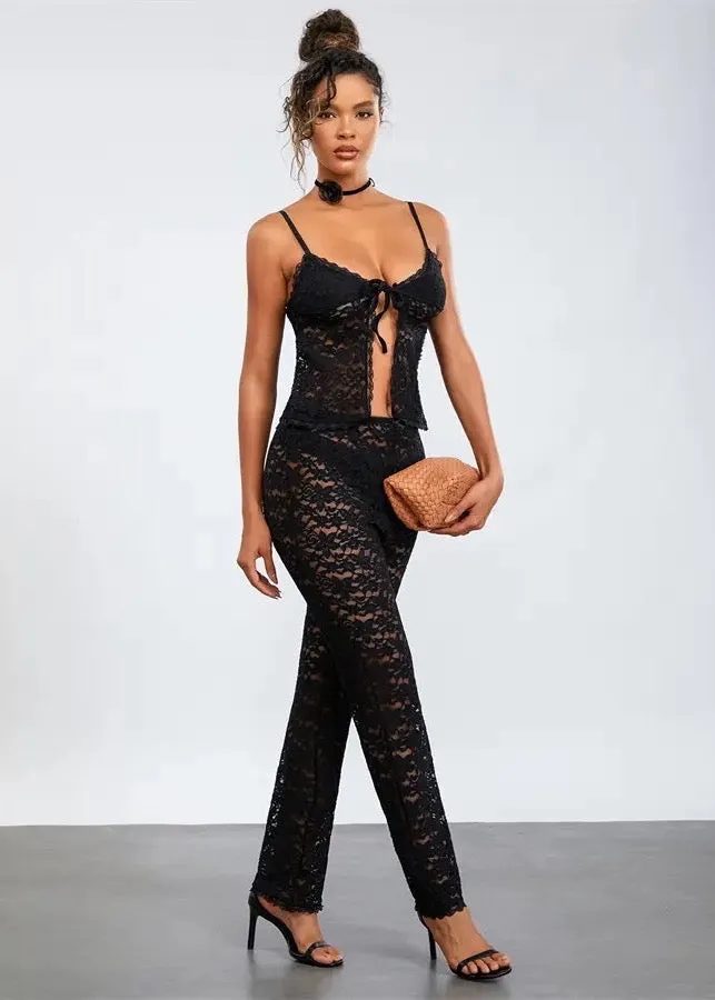 Front-Tied Cami Top & Pants Two-Piece Lace Set