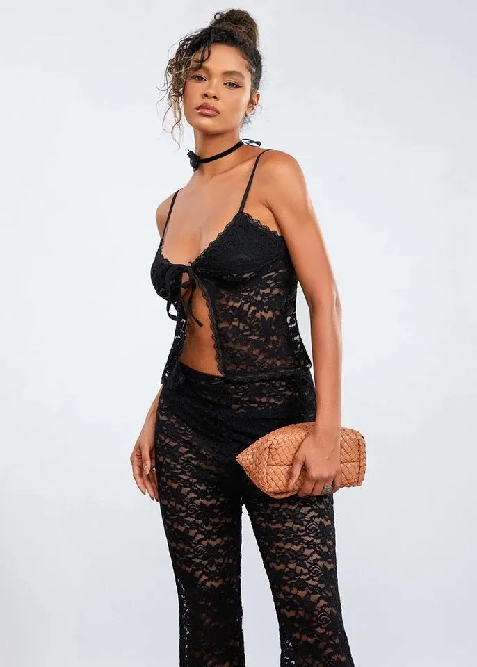 Front-Tied Cami Top & Pants Two-Piece Lace Set