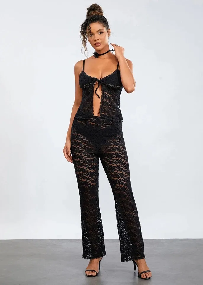 Front-Tied Cami Top & Pants Two-Piece Lace Set