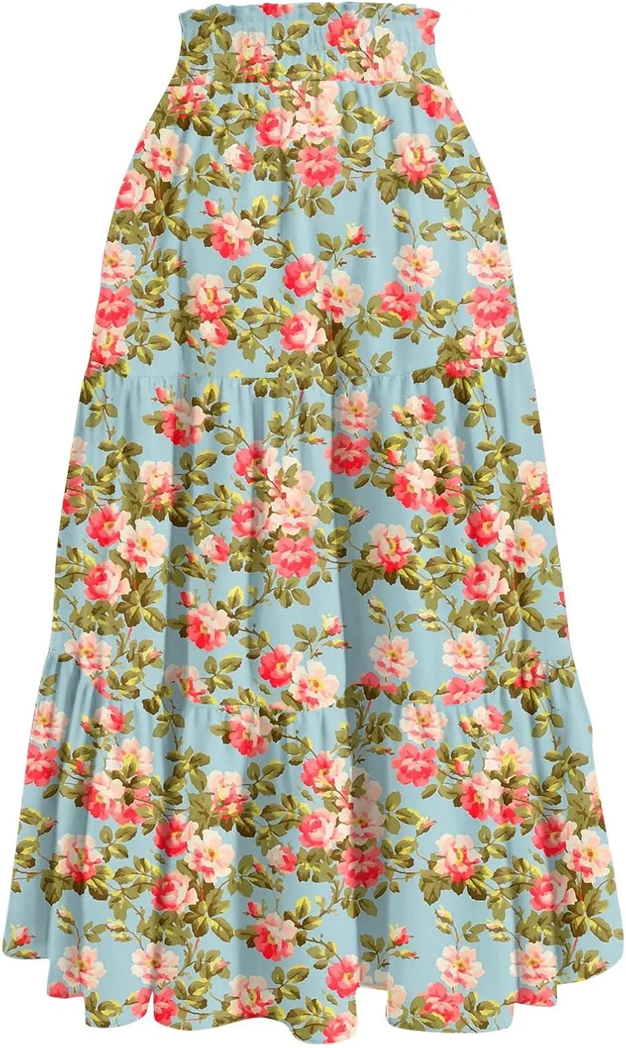 GOFULY Maxi Skirts for Women Long Casual Summer Floral Print A Line Skirt Drawstring Elastic High Waist Pleated Tiered Skirt