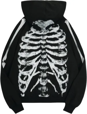 GORGLITTER Women's Skeleton Graphic Zip Up Hoodie Y2k Oversized Long Sleeve Goth Hooded Sweatshirt