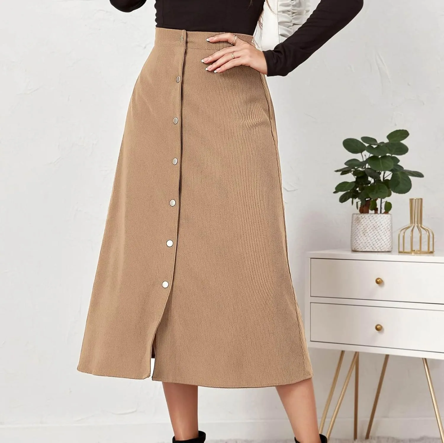 High Waisted Skirts for Women Elegant Cute Skirt Fashion Front Button A Line Skirt Solid Color Slim-Fit Skirts