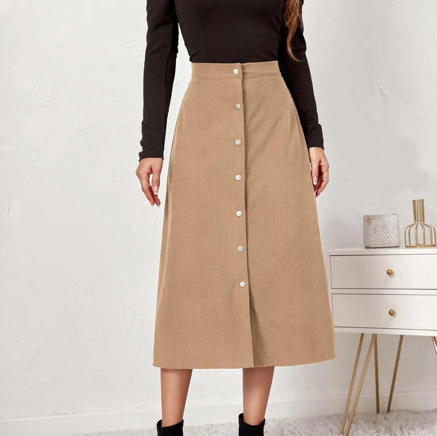 High Waisted Skirts for Women Elegant Cute Skirt Fashion Front Button A Line Skirt Solid Color Slim-Fit Skirts