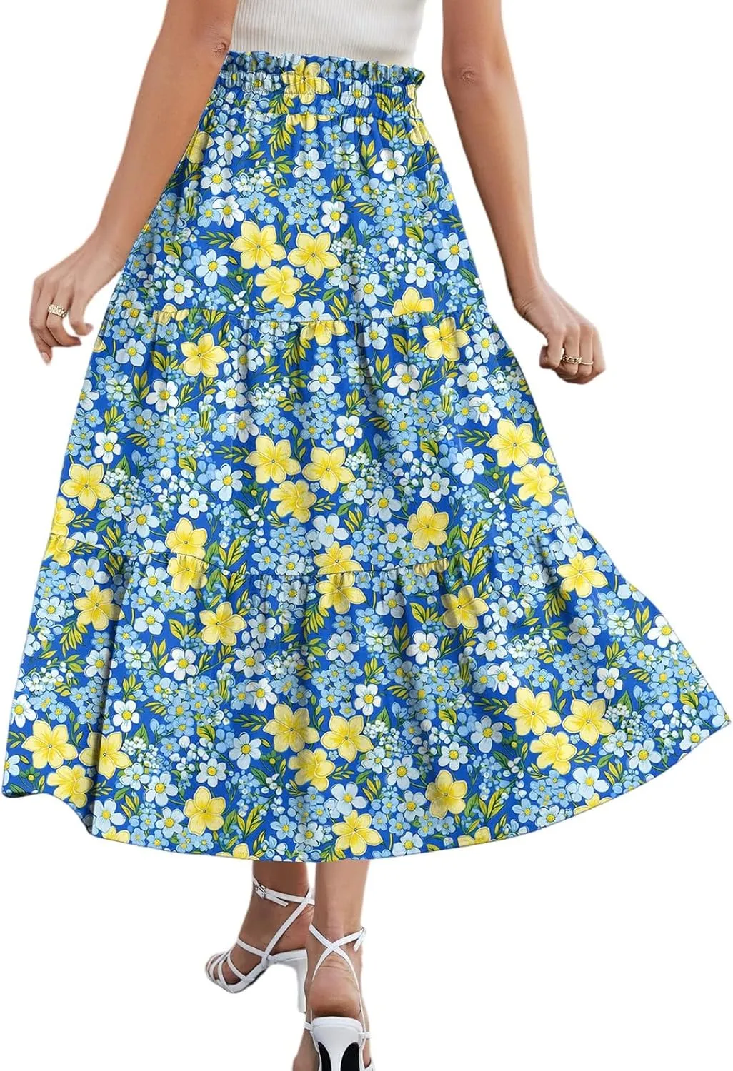 High Waisted Skirts for Women Summer Midi Skirt Drawstring Can Adjust The Waist Size Flowy Floral Boho Trendy Skirt