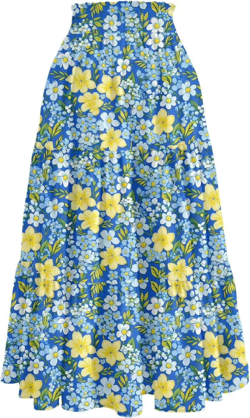 High Waisted Skirts for Women Summer Midi Skirt Drawstring Can Adjust The Waist Size Flowy Floral Boho Trendy Skirt