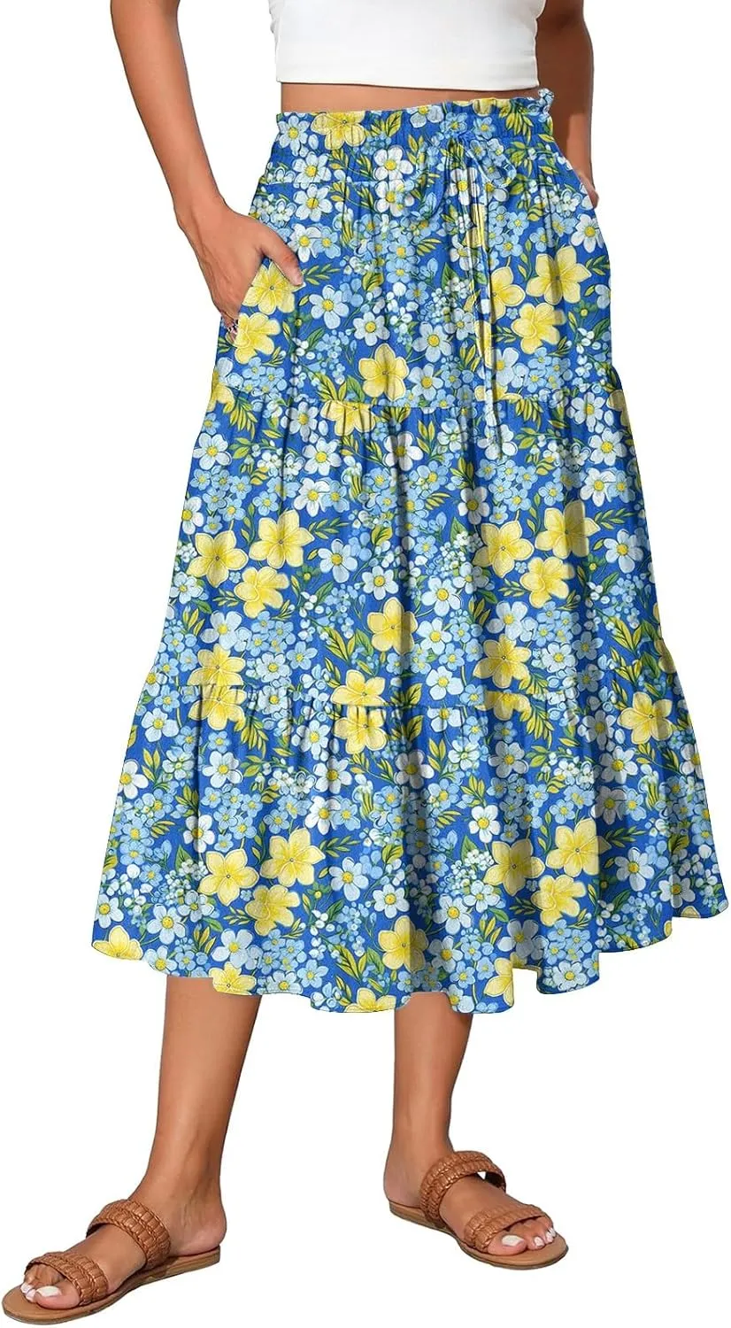 High Waisted Skirts for Women Summer Midi Skirt Drawstring Can Adjust The Waist Size Flowy Floral Boho Trendy Skirt