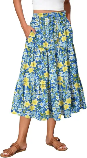 High Waisted Skirts for Women Summer Midi Skirt Drawstring Can Adjust The Waist Size Flowy Floral Boho Trendy Skirt