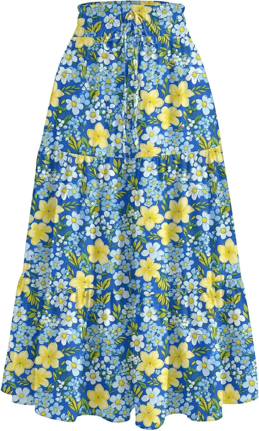 High Waisted Skirts for Women Summer Midi Skirt Drawstring Can Adjust The Waist Size Flowy Floral Boho Trendy Skirt