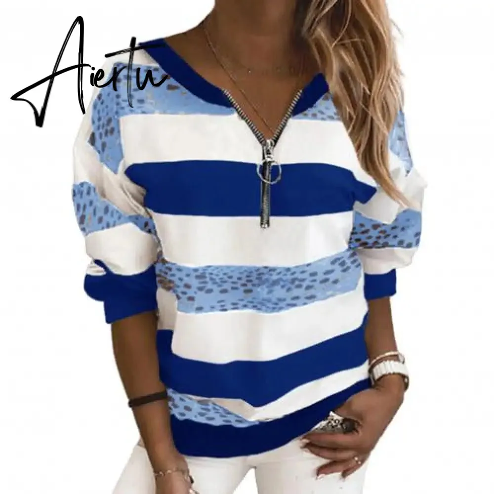 Hoodies Women Stripe Leopard Patchwork Sweatshirt Zipper Long Sleeve Blouse Pullover Women's Clothing Street wear толстовка