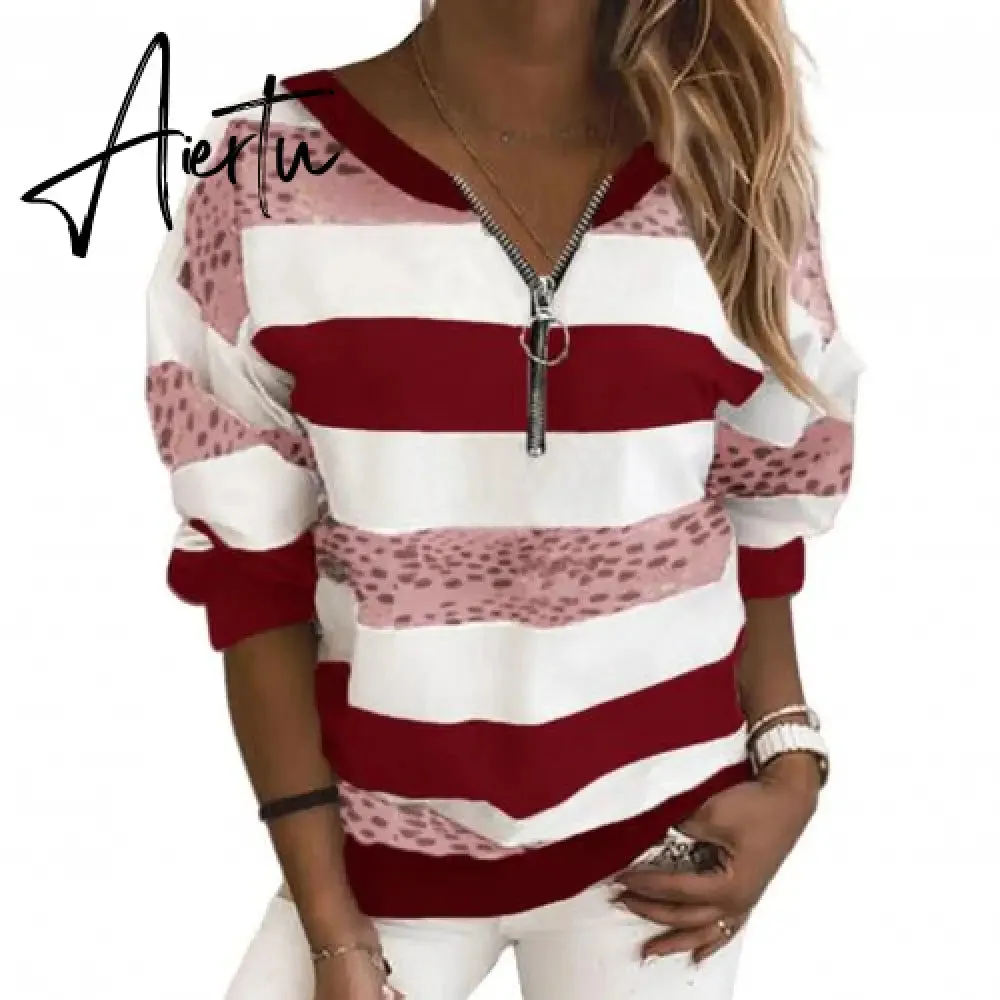 Hoodies Women Stripe Leopard Patchwork Sweatshirt Zipper Long Sleeve Blouse Pullover Women's Clothing Street wear толстовка