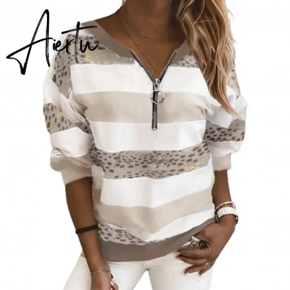 Hoodies Women Stripe Leopard Patchwork Sweatshirt Zipper Long Sleeve Blouse Pullover Women's Clothing Street wear толстовка
