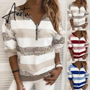 Hoodies Women Stripe Leopard Patchwork Sweatshirt Zipper Long Sleeve Blouse Pullover Women's Clothing Street wear толстовка