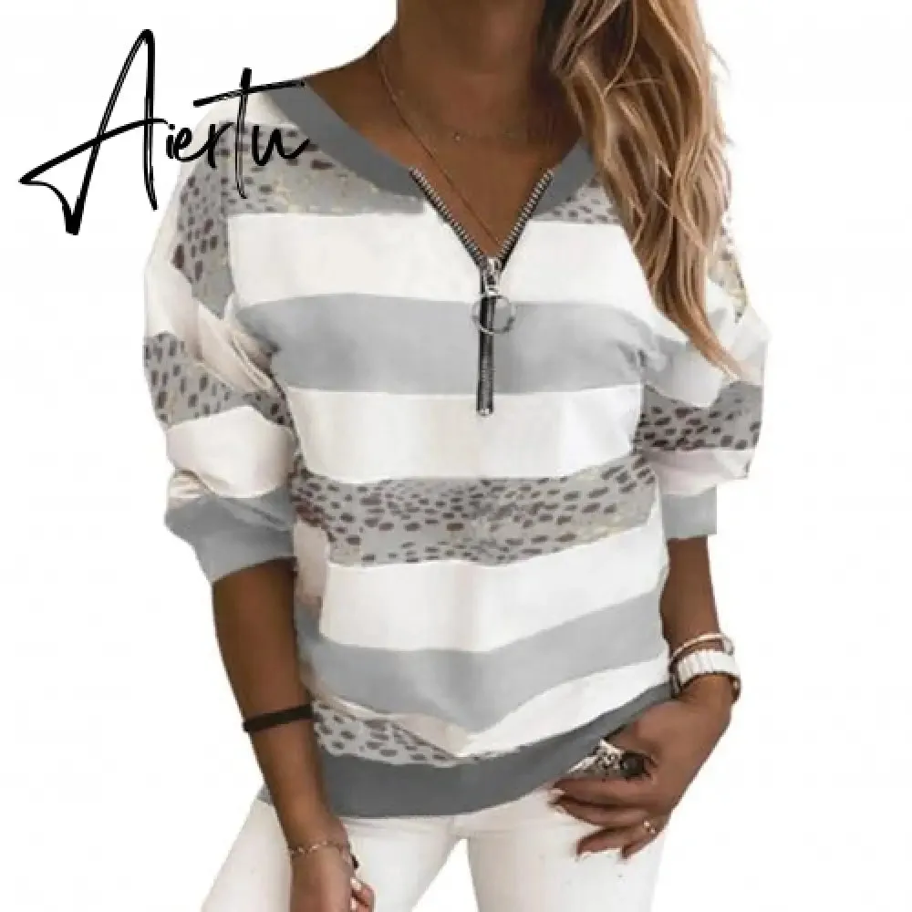 Hoodies Women Stripe Leopard Patchwork Sweatshirt Zipper Long Sleeve Blouse Pullover Women's Clothing Street wear толстовка