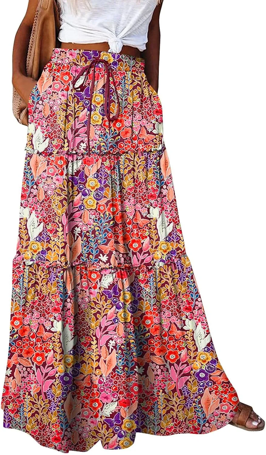 JJHAEVDY Pleated Long Skirts for Women Summer Casual Elastic High Waisted Skirts A-Line Flowy Swing Maxi Skirt with Pockets