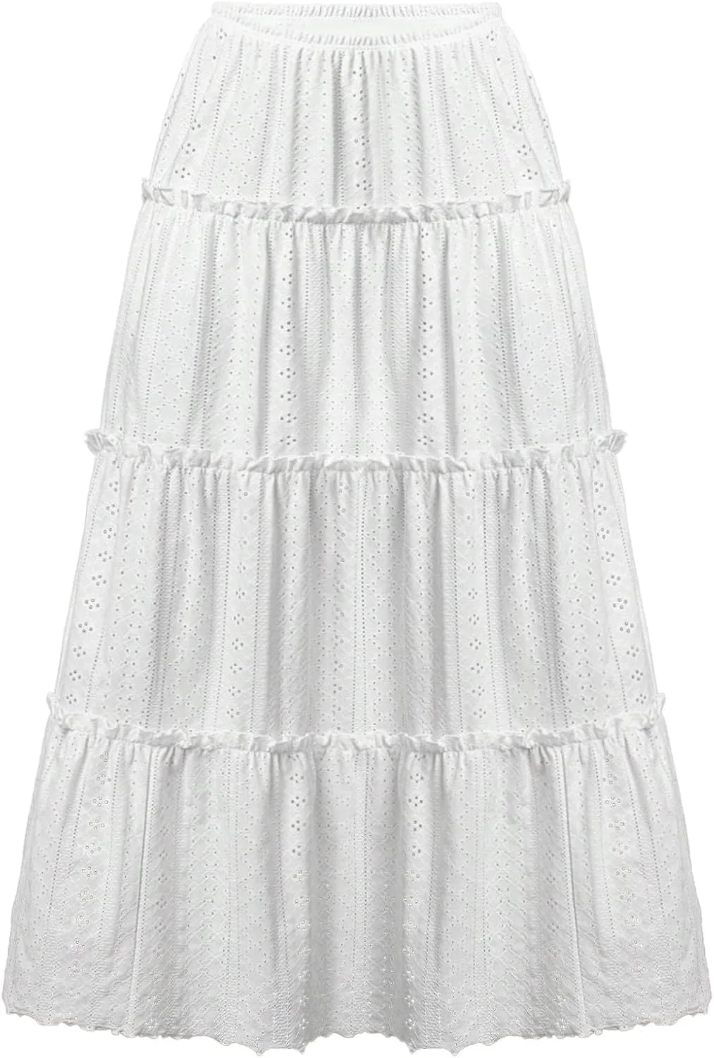 JOAU Women's Lace Embroidery Hollow Out Eyelet Boho Skirt High Elastic Waisted Flowy Swing Tiered Ruffle A-Line Maxi Skirts
