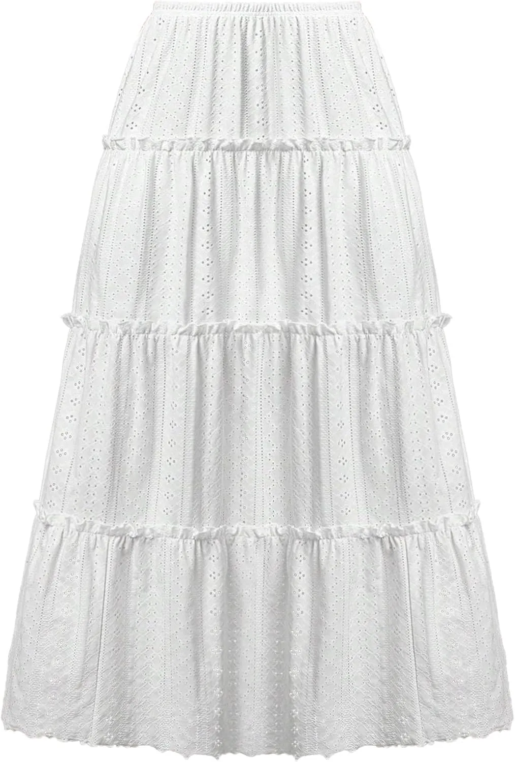 JOAU Women's Lace Embroidery Hollow Out Eyelet Boho Skirt High Elastic Waisted Flowy Swing Tiered Ruffle A-Line Maxi Skirts