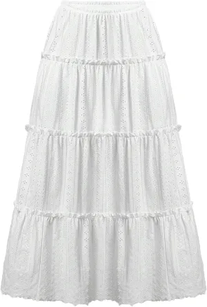 JOAU Women's Lace Embroidery Hollow Out Eyelet Boho Skirt High Elastic Waisted Flowy Swing Tiered Ruffle A-Line Maxi Skirts