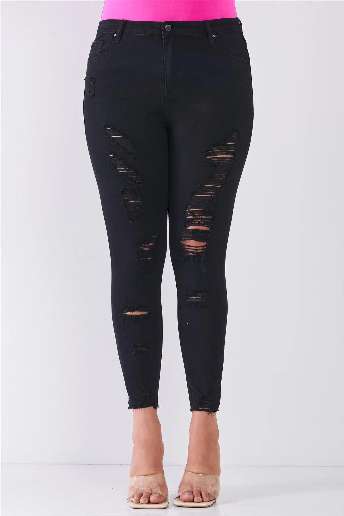 Junior Plus Size Black Denim Mid-Rise Raw Hem Detail Distressed Skinny Jean Pants /1-2-2-1