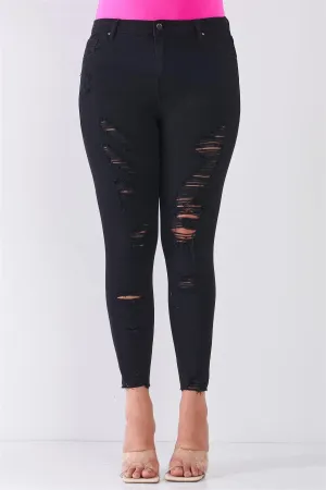 Junior Plus Size Black Denim Mid-Rise Raw Hem Detail Distressed Skinny Jean Pants /1-2-2-1