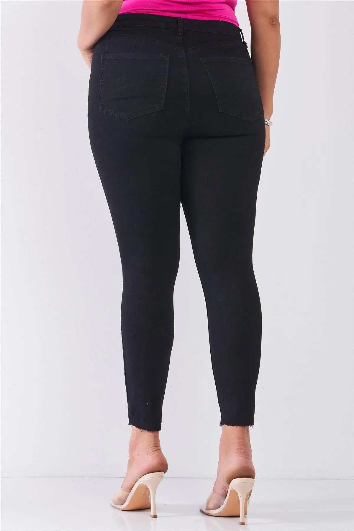 Junior Plus Size Black Denim Mid-Rise Raw Hem Detail Distressed Skinny Jean Pants /1-2-2-1