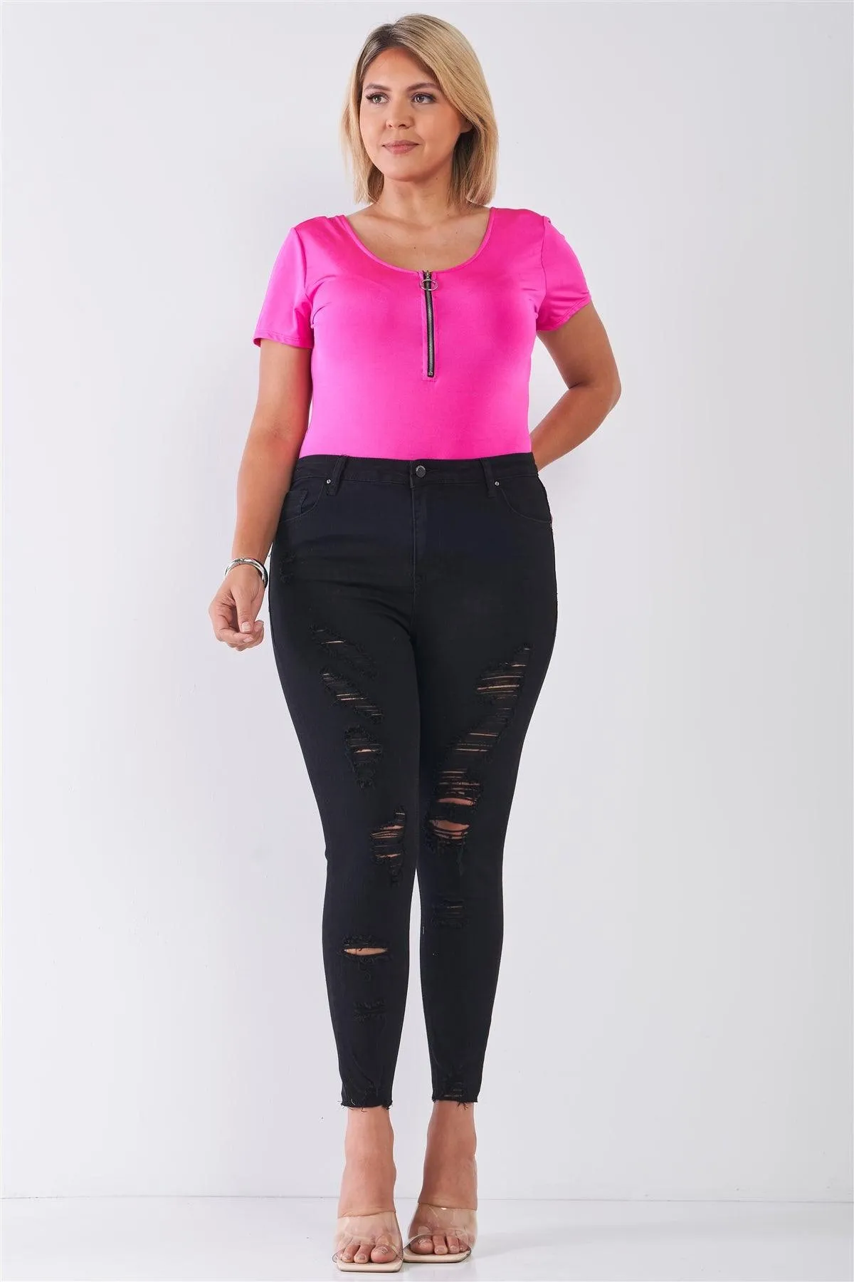 Junior Plus Size Black Denim Mid-Rise Raw Hem Detail Distressed Skinny Jean Pants /1-2-2-1