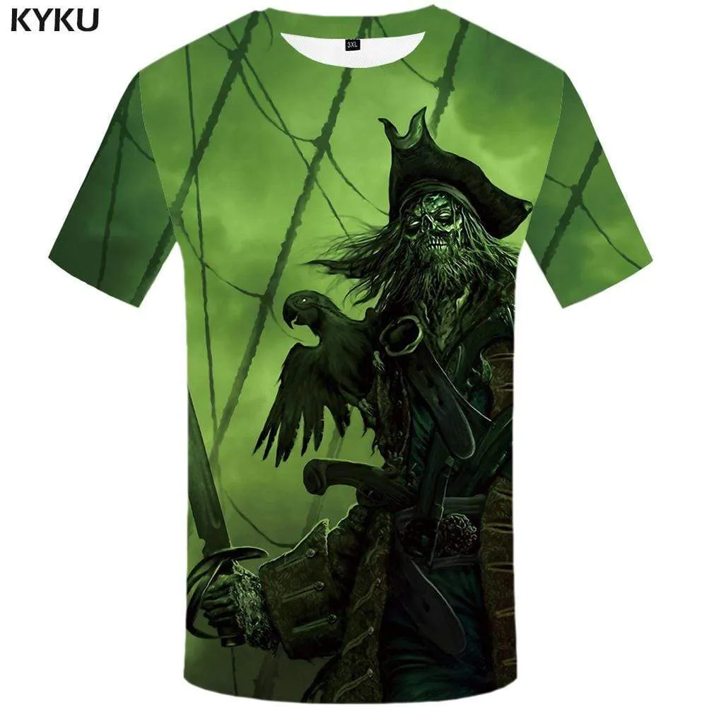 KYKU Brand Pirate T-shirts Men Captain T-shirt 3d Skull T shirts Funny Parrot Tshirts Print Green Tshirt Anime Mens Fashion