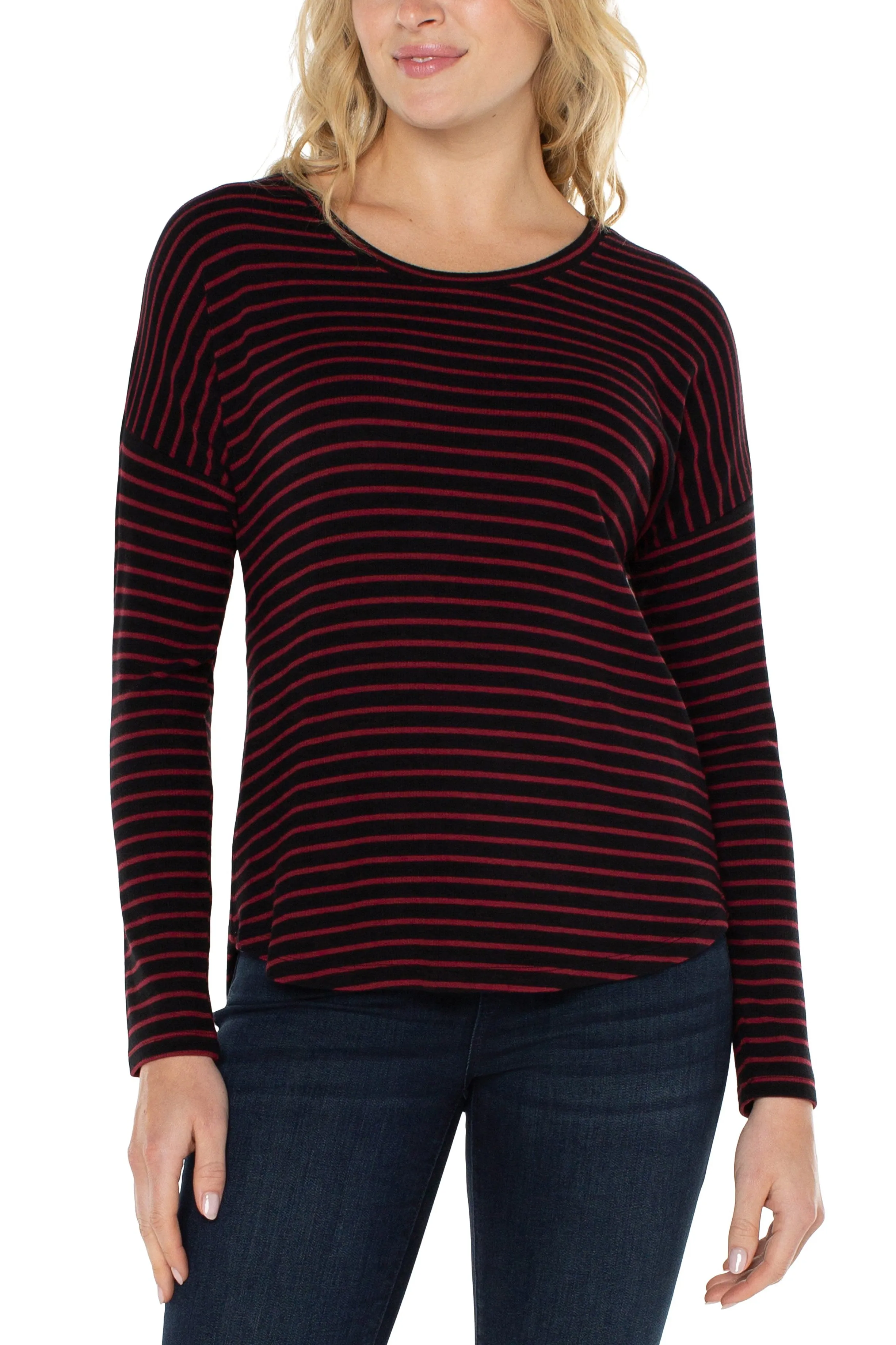 Liverpool Long Sleeve Drop Shoulder Scoop Neck Knit Top In Red And Black Stripe