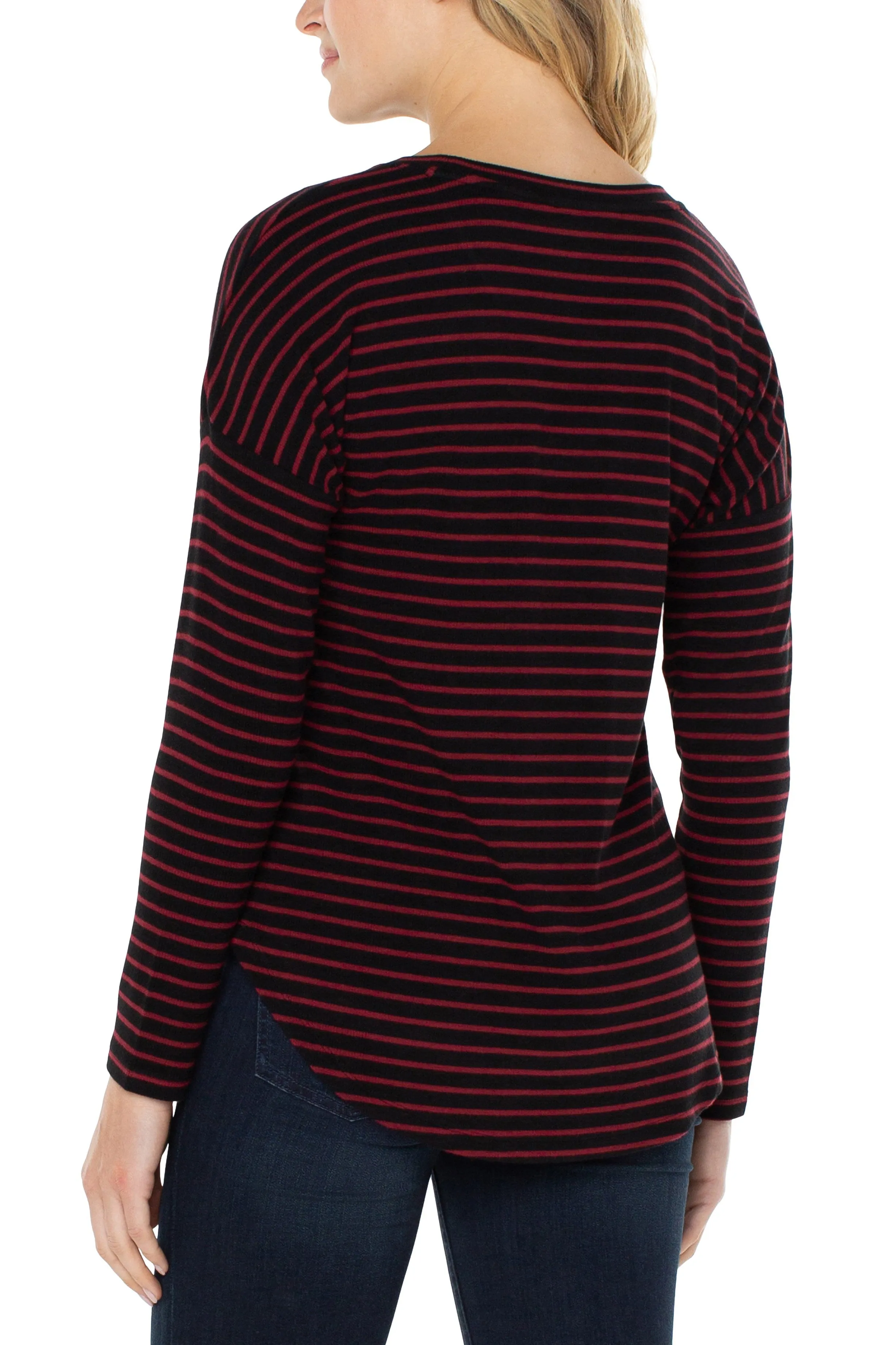 Liverpool Long Sleeve Drop Shoulder Scoop Neck Knit Top In Red And Black Stripe