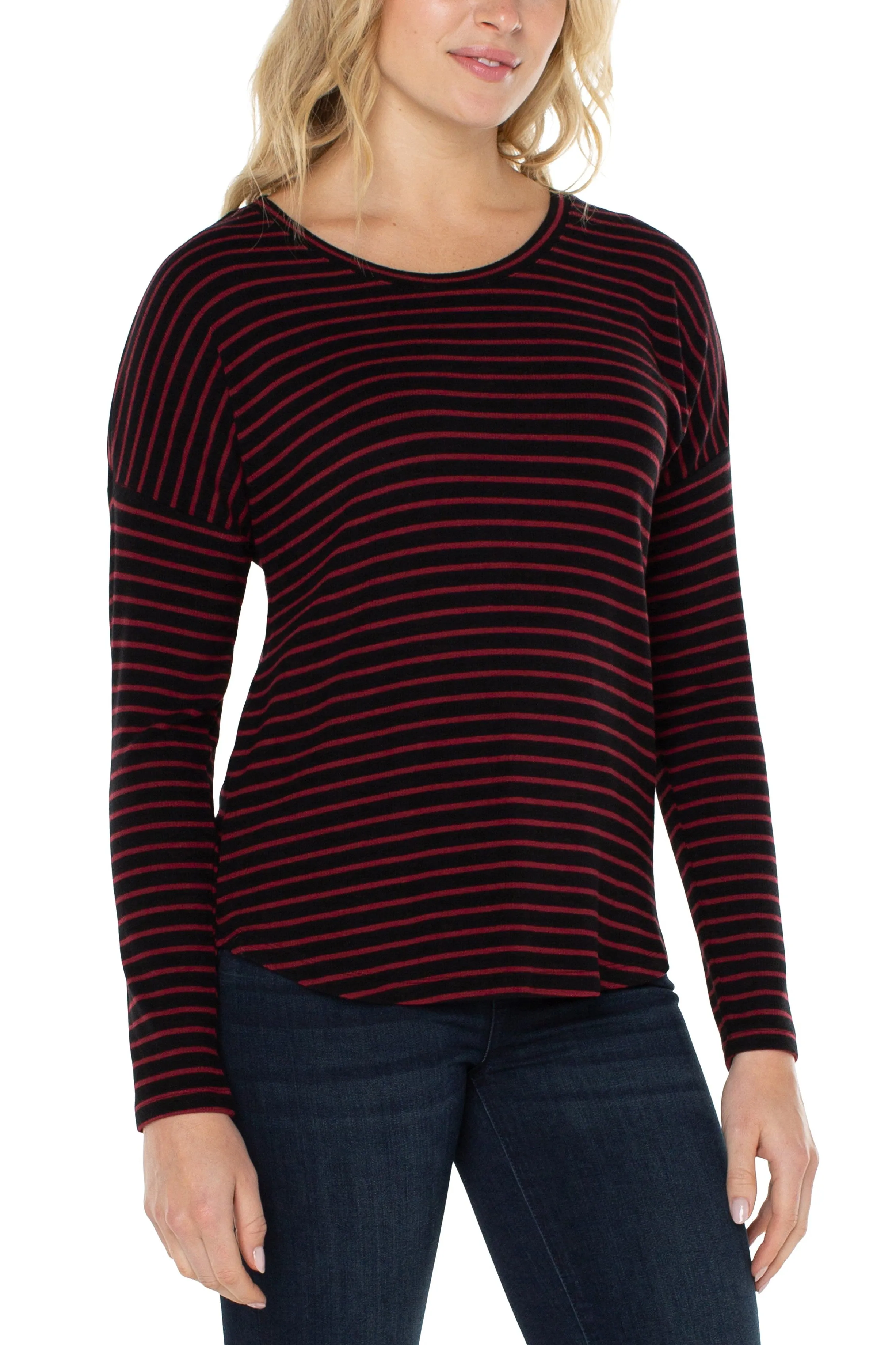 Liverpool Long Sleeve Drop Shoulder Scoop Neck Knit Top In Red And Black Stripe
