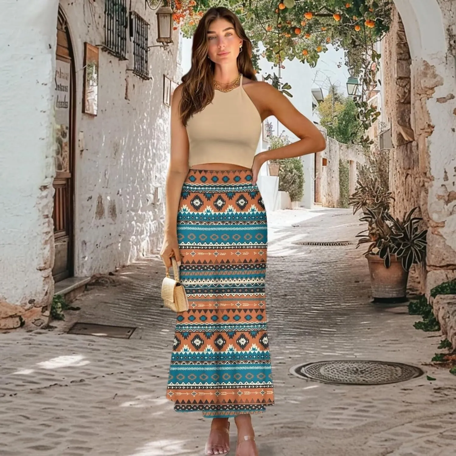 Long Skirts for Women High Waisted A-Line Stretchy Maxi Skirt Flared Casual Ruffle Hem Skirt Party Wedding Skirts