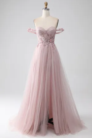 Luolandi Blush A Line Off the Shoulder Sequin Beaded Corset Prom Dress with Slit Beautiful