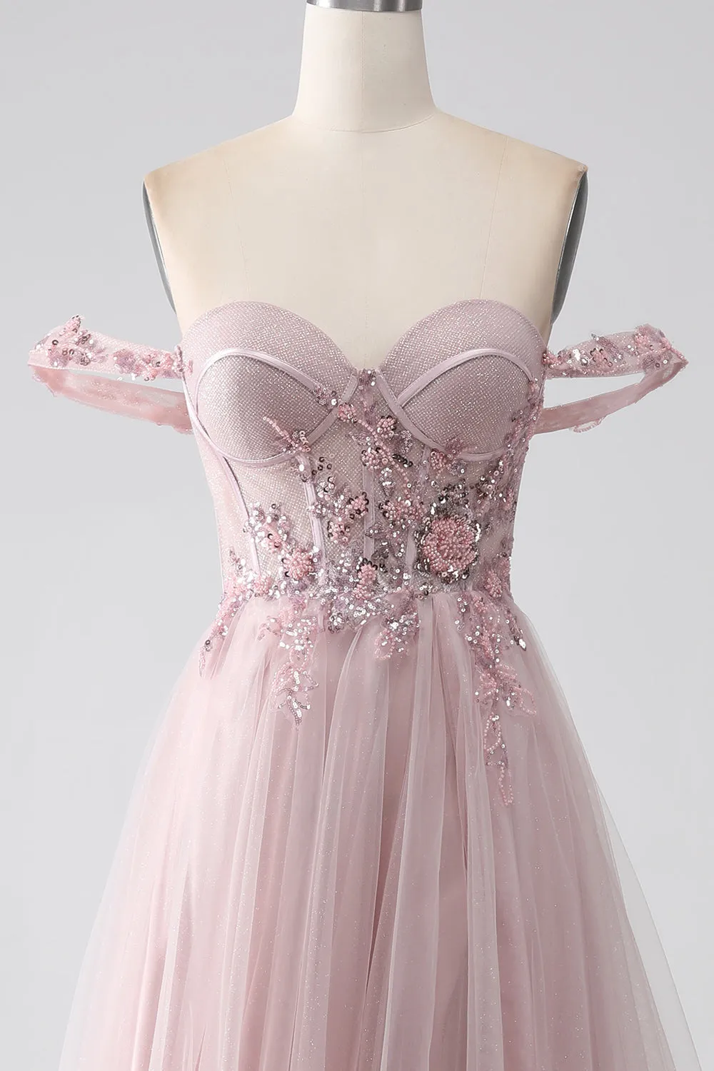 Luolandi Blush A Line Off the Shoulder Sequin Beaded Corset Prom Dress with Slit Beautiful