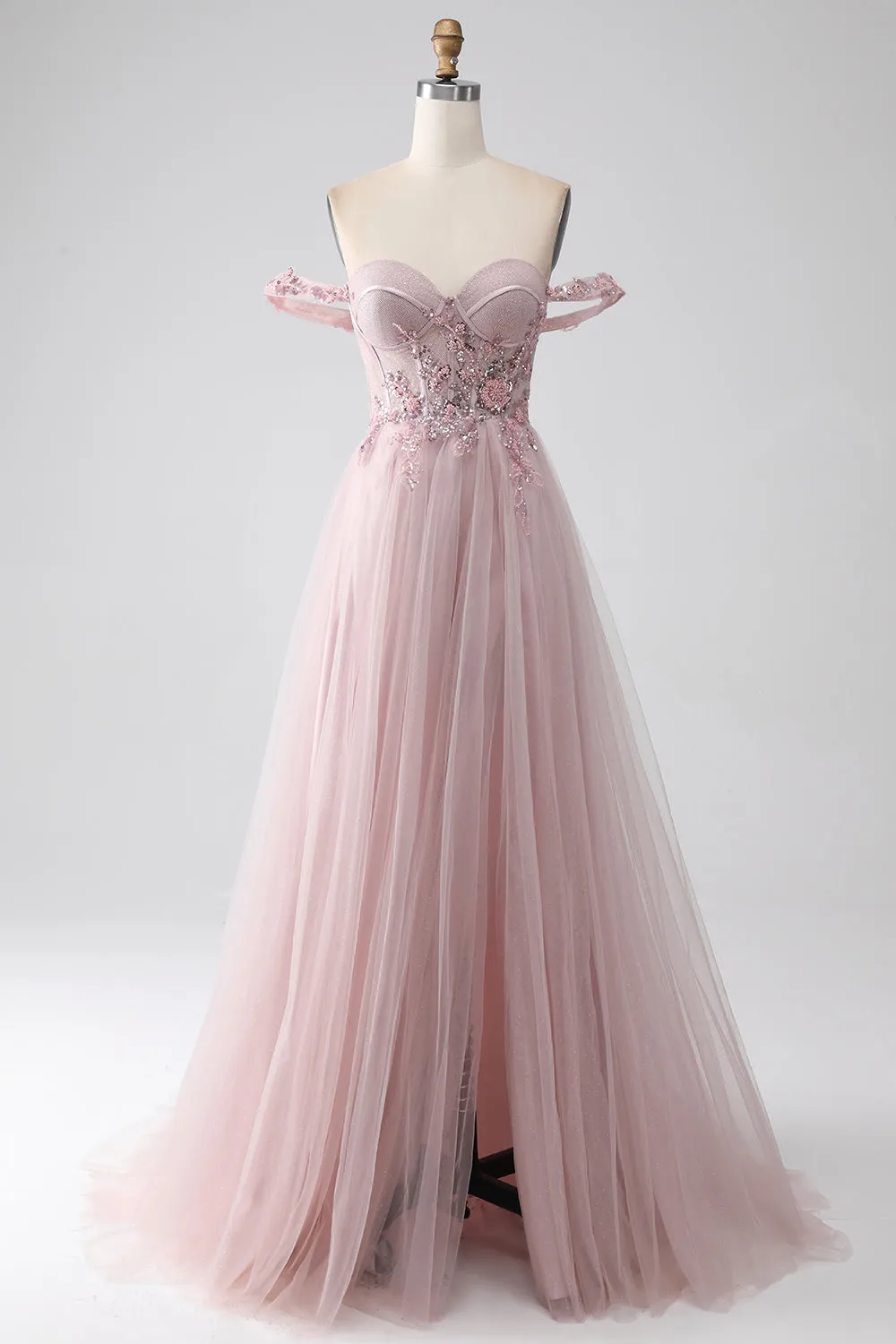 Luolandi Blush A Line Off the Shoulder Sequin Beaded Corset Prom Dress with Slit Beautiful