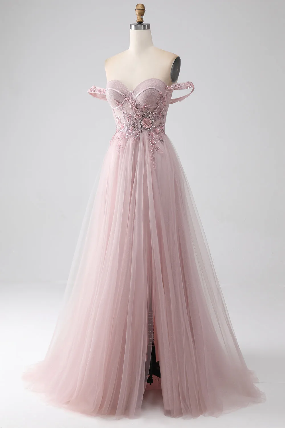 Luolandi Blush A Line Off the Shoulder Sequin Beaded Corset Prom Dress with Slit Beautiful