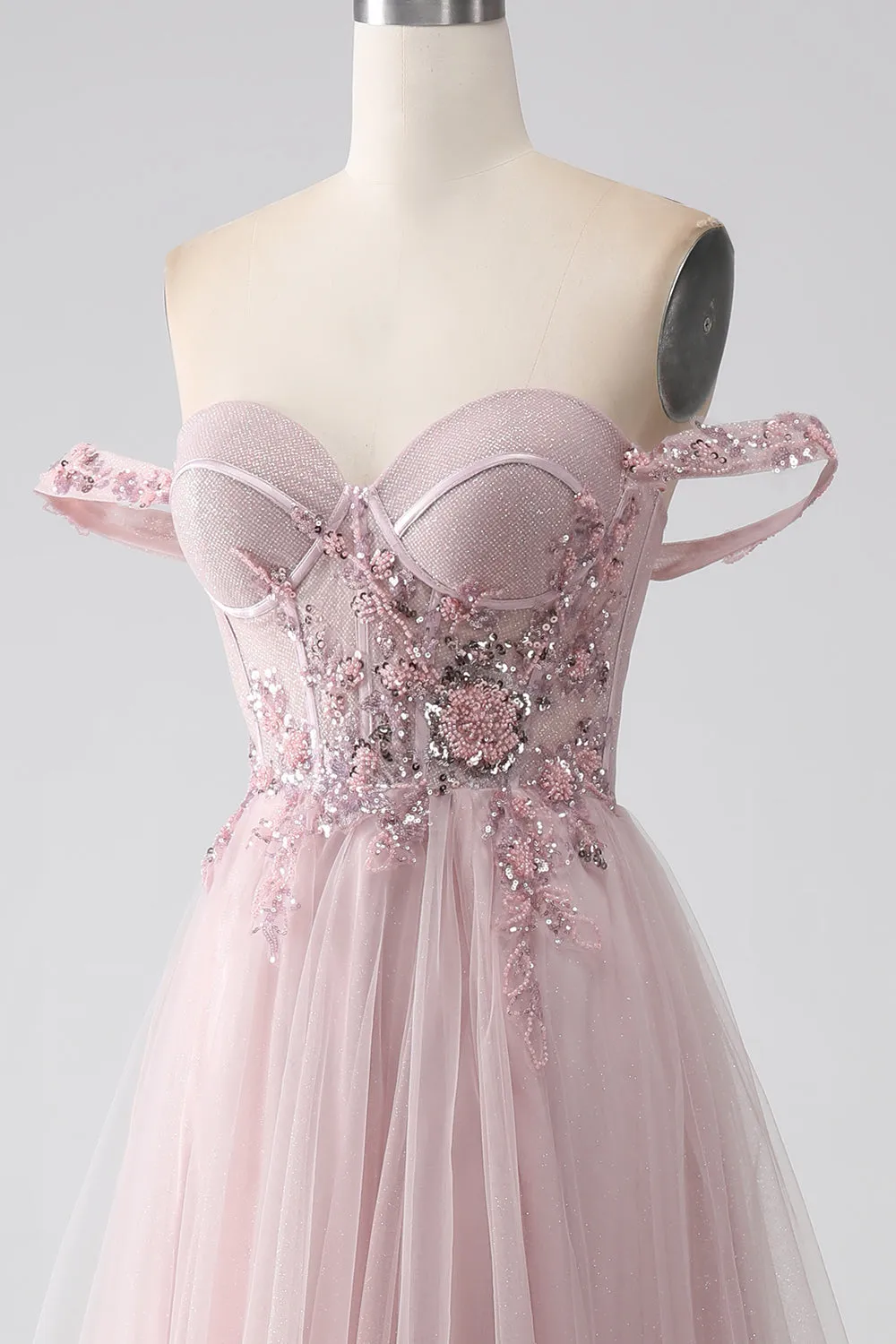 Luolandi Blush A Line Off the Shoulder Sequin Beaded Corset Prom Dress with Slit Beautiful