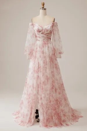 Luolandi Ivory Flower A-Line Off The Shoulder Print Wedding Dress With Slit Party Dresses