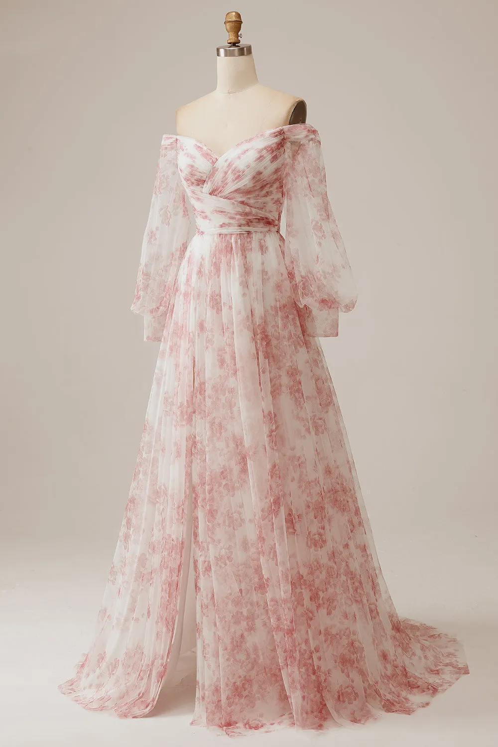 Luolandi Ivory Flower A-Line Off The Shoulder Print Wedding Dress With Slit Party Dresses