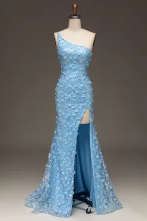 Luolandi Light Blue Mermaid One Shoulder Side Slit Sequin Prom Dress with Appliques With Flowers